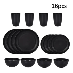16pcs Black Cutlery Set With Plates & Cups